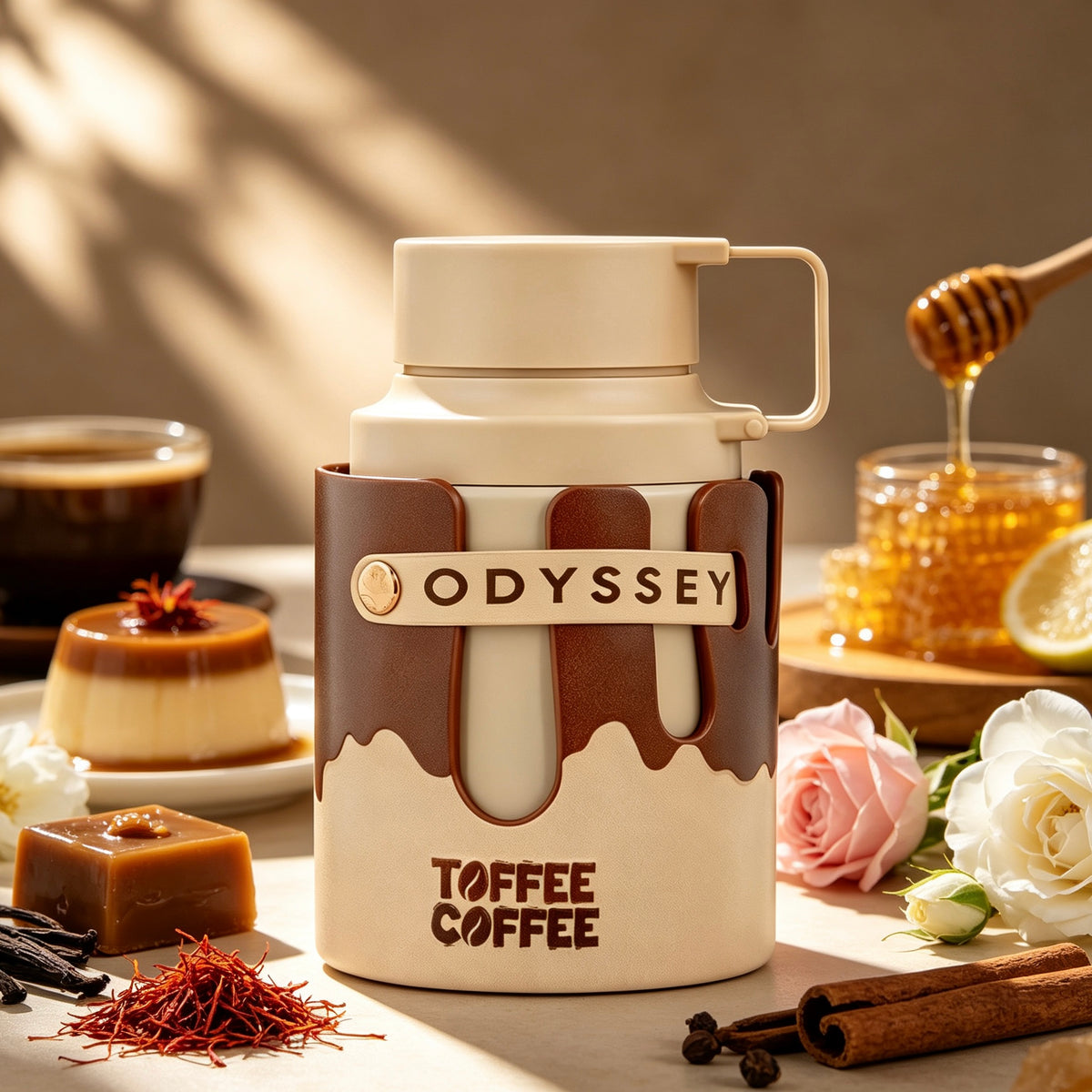 Infografía de notas olfativas del perfume Armaf Odyssey Toffee Coffee ,  café, tófe y ámbar